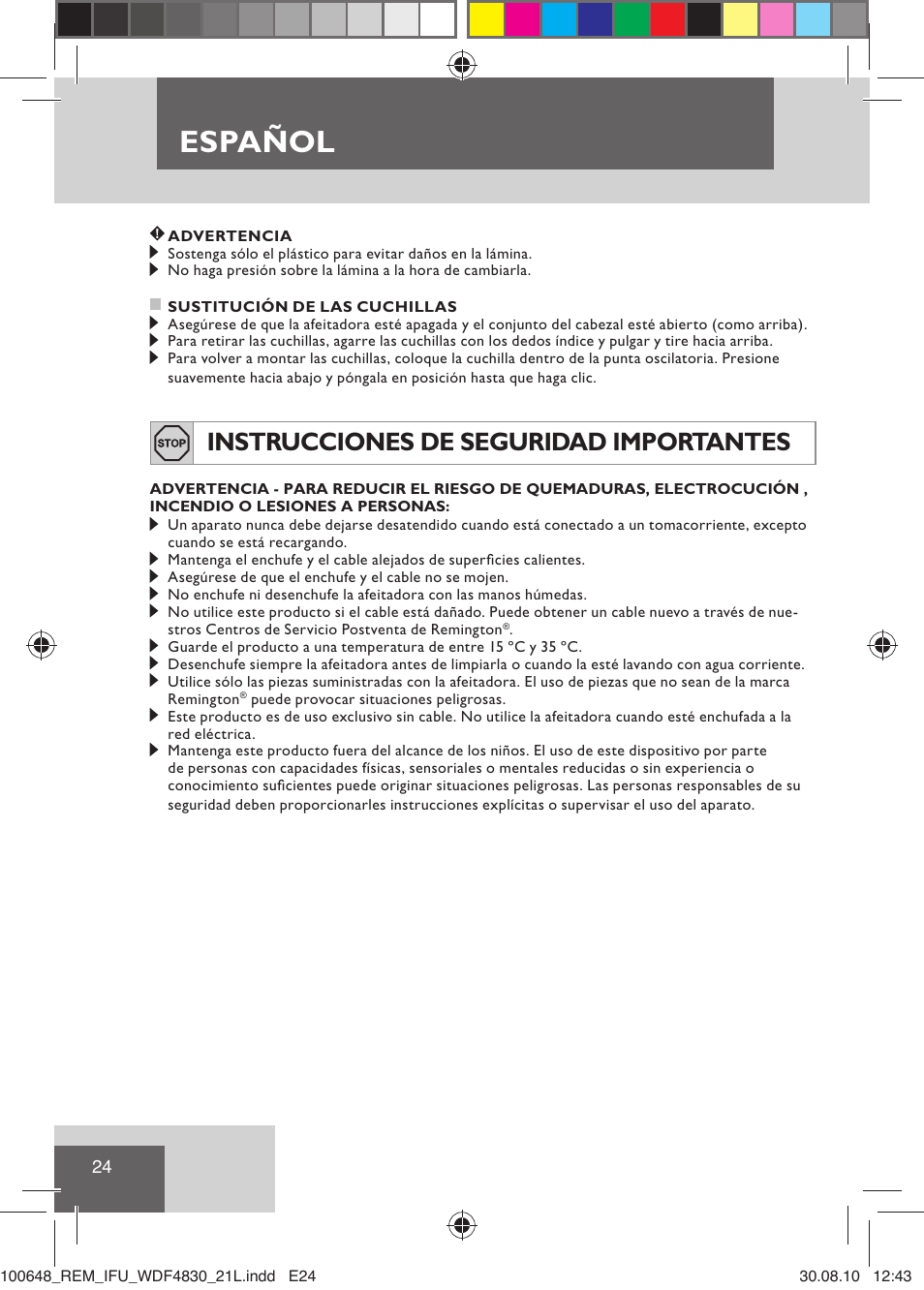 Español, Instrucciones de seguridad importantes | Remington WDF4830C User Manual | Page 27 / 111