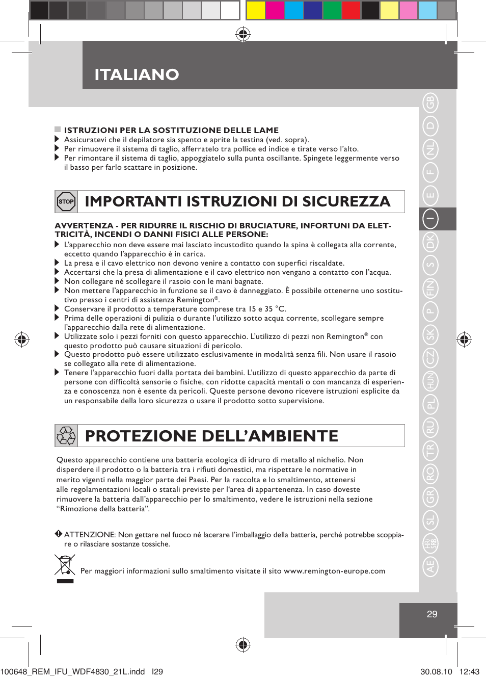 Italiano, Protezione dell’ambiente, Importanti istruzioni di sicurezza | Remington WDF4830C User Manual | Page 32 / 111