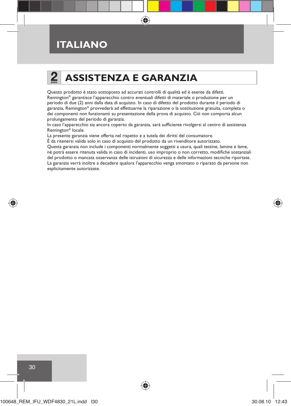 Italiano, Assistenza e garanzia | Remington WDF4830C User Manual | Page 33 / 111