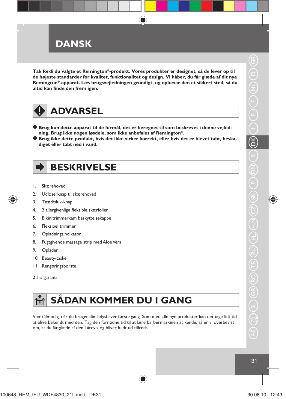 Dansk, Advarsel, Beskrivelse | Sådan kommer du i gang | Remington WDF4830C User Manual | Page 34 / 111