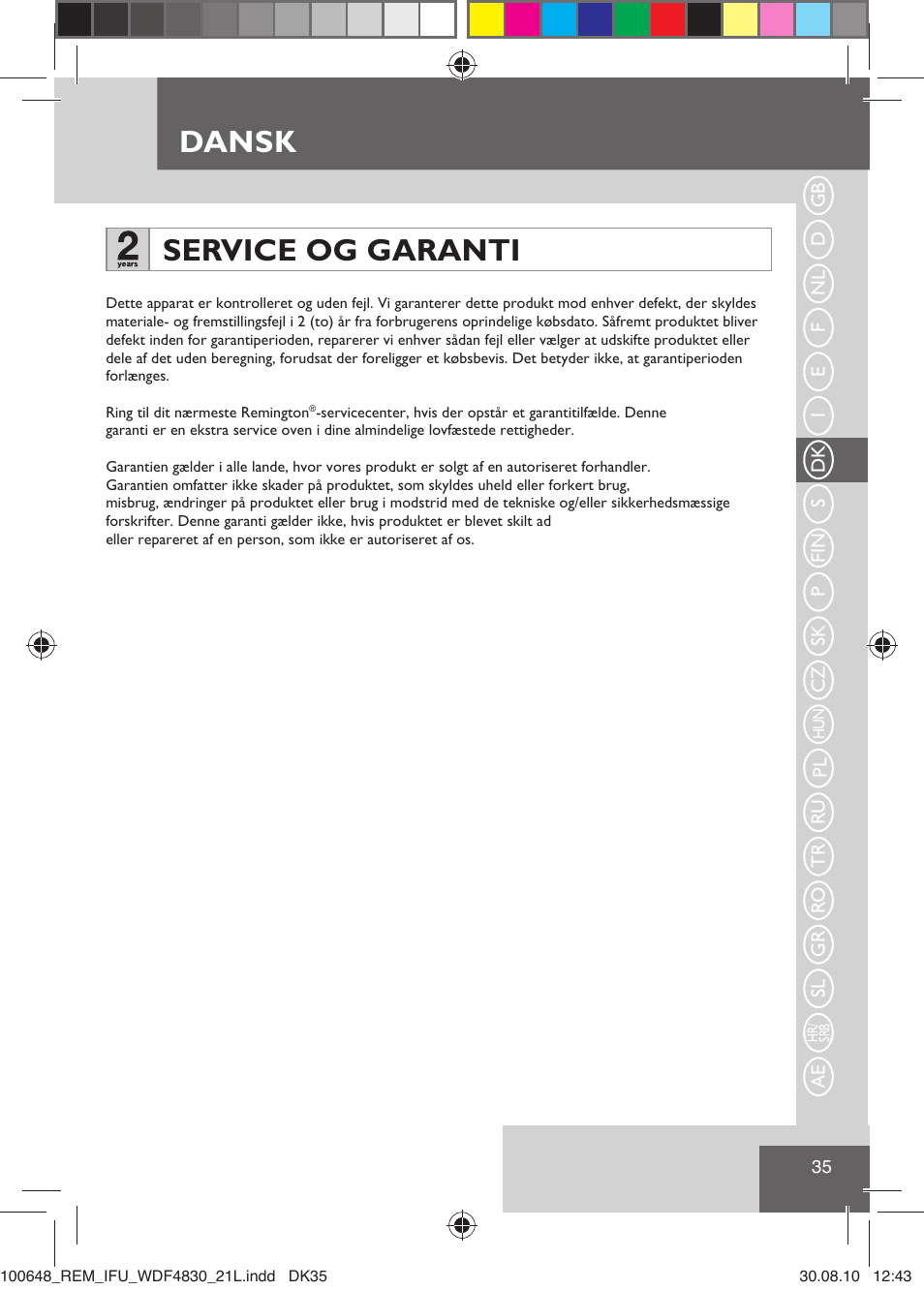 Dansk, Service og garanti | Remington WDF4830C User Manual | Page 38 / 111