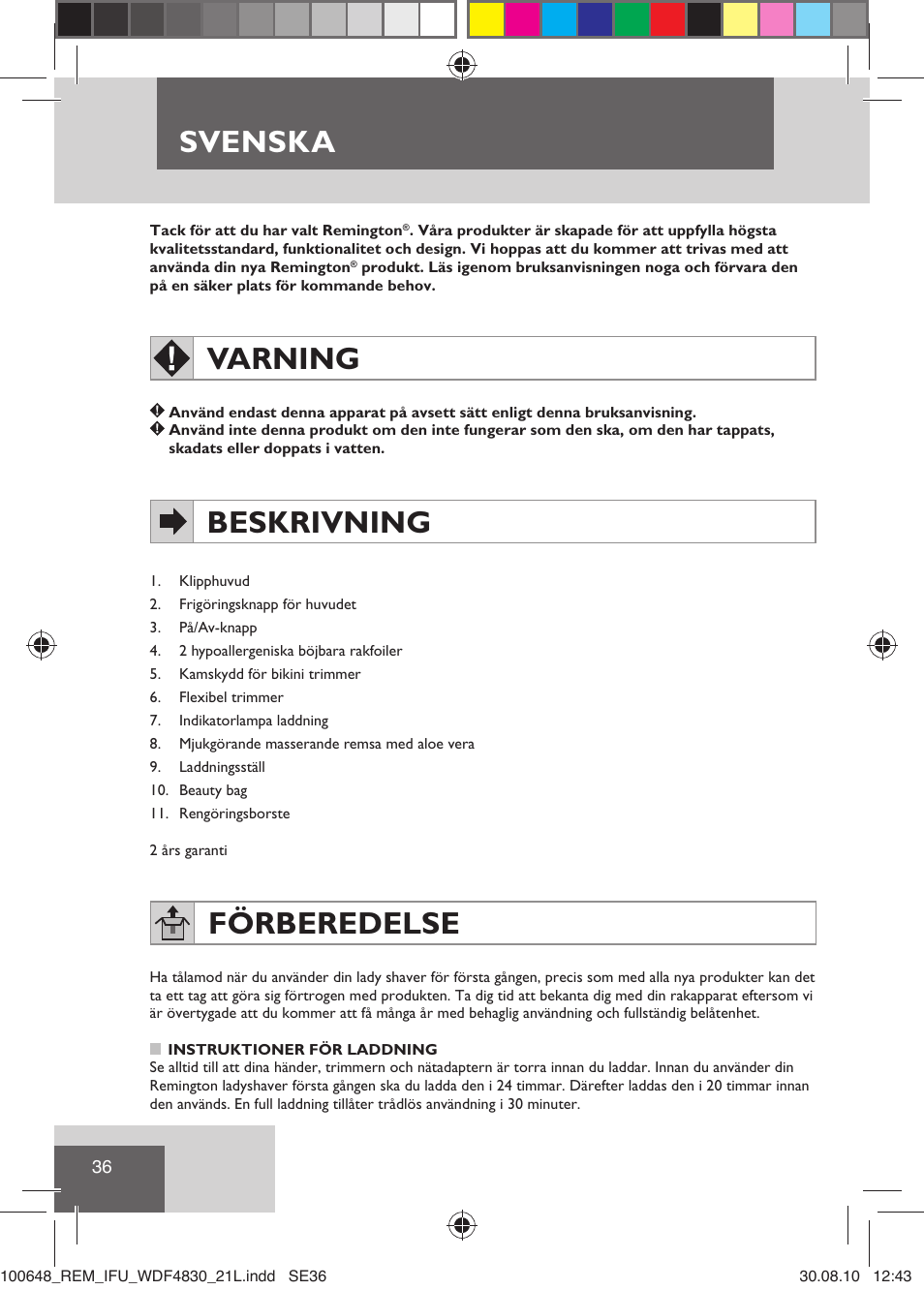 Svenska, Varning, Beskrivning | Förberedelse | Remington WDF4830C User Manual | Page 39 / 111