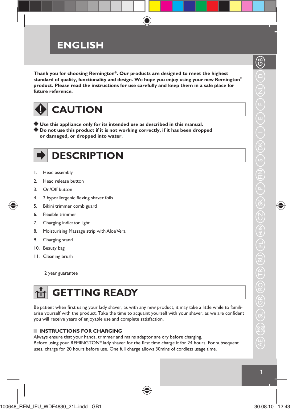 English, Caution, Description | Getting ready | Remington WDF4830C User Manual | Page 4 / 111