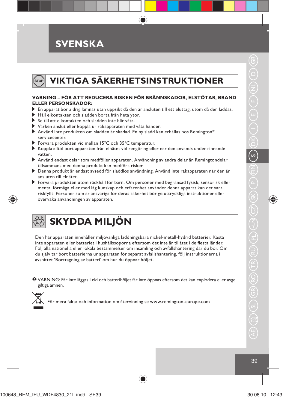 Svenska, Skydda miljön, Viktiga säkerhetsinstruktioner | Remington WDF4830C User Manual | Page 42 / 111