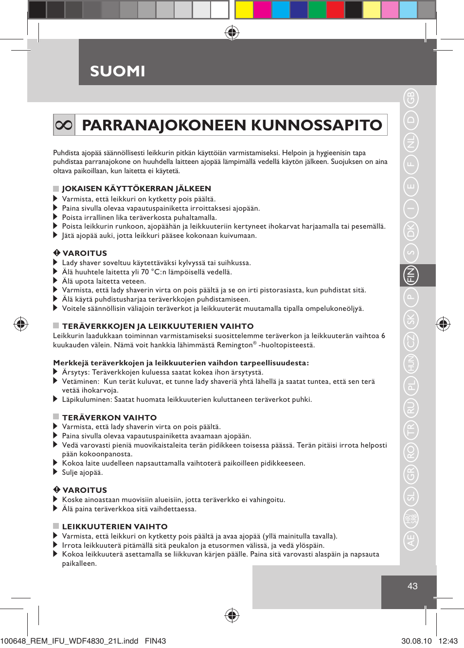 Suomi, Parranajokoneen kunnossapito | Remington WDF4830C User Manual | Page 46 / 111