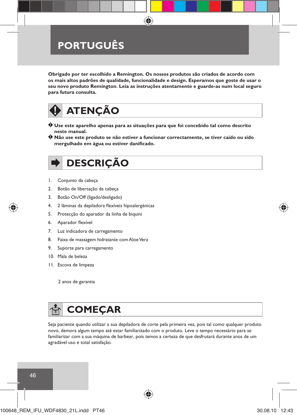 Português, Atenção, Descrição | Começar | Remington WDF4830C User Manual | Page 49 / 111