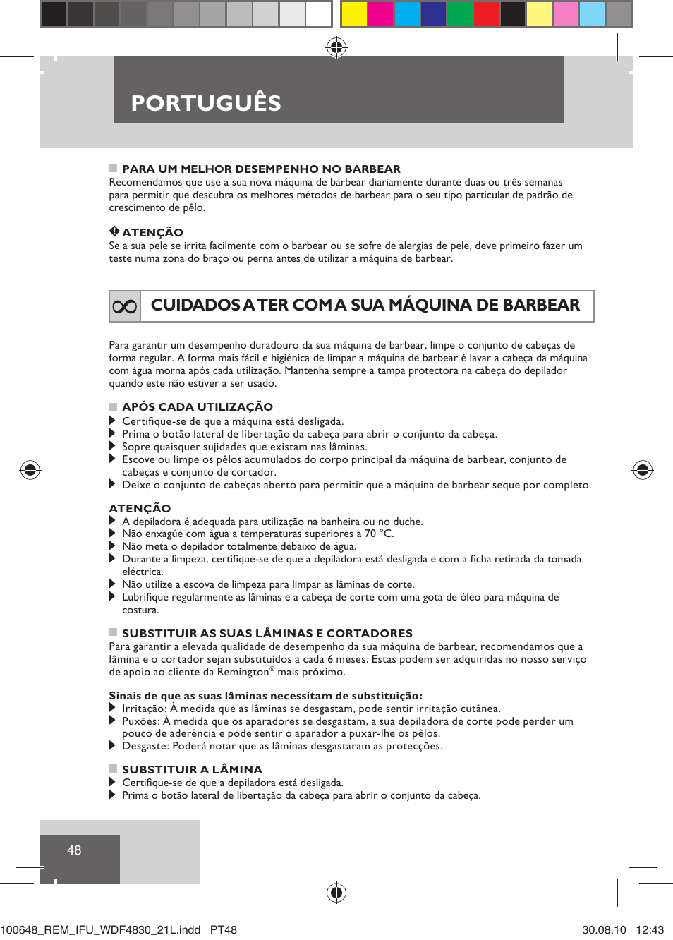 Português, Cuidados a ter com a sua máquina de barbear | Remington WDF4830C User Manual | Page 51 / 111