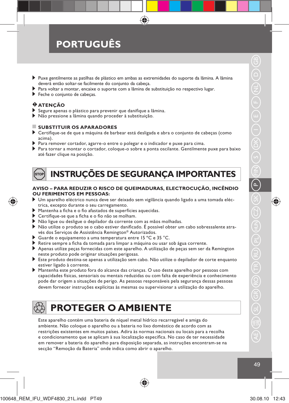 Português, Proteger o ambiente, Instruções de segurança importantes | Remington WDF4830C User Manual | Page 52 / 111