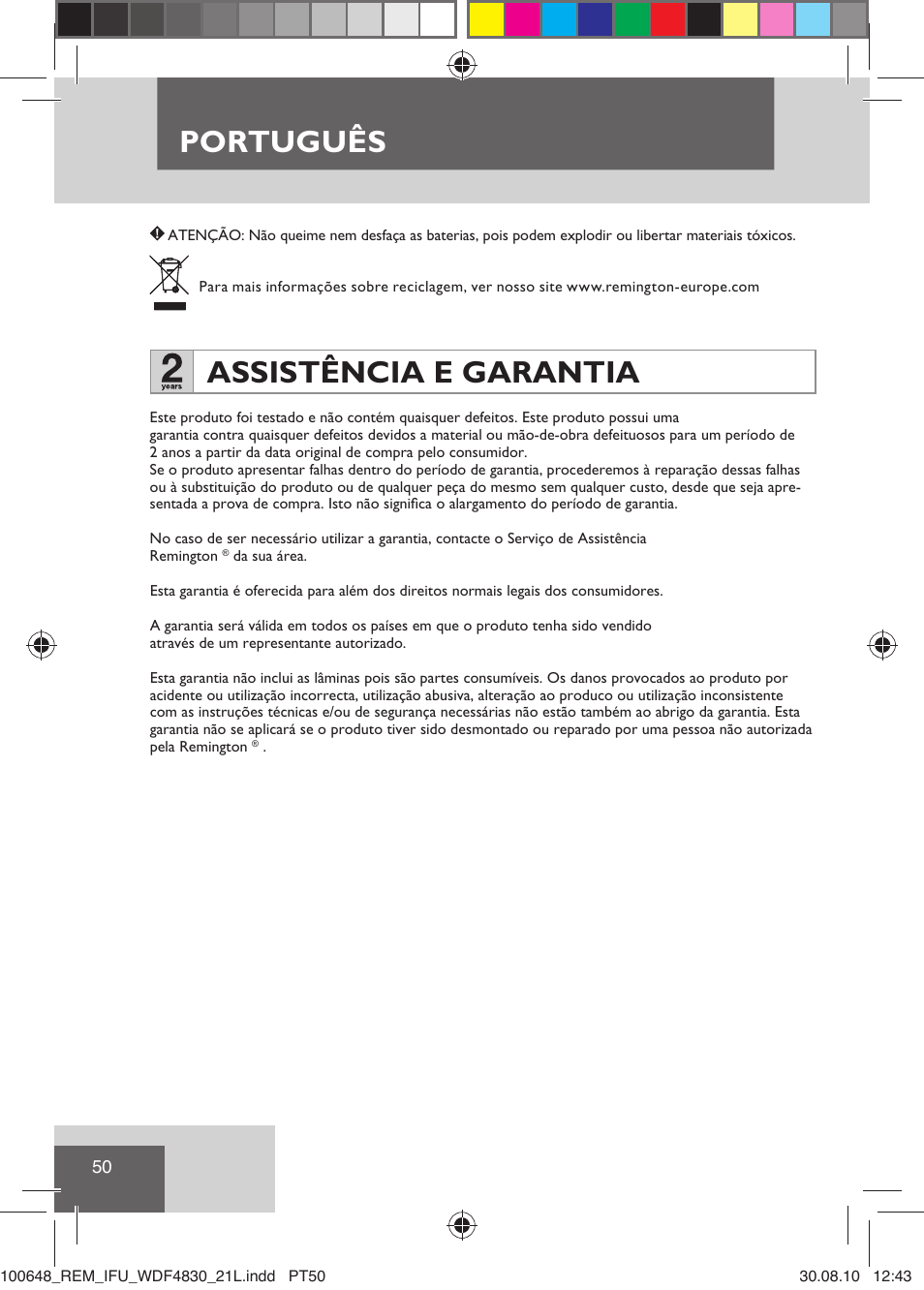 Português, Assistência e garantia | Remington WDF4830C User Manual | Page 53 / 111
