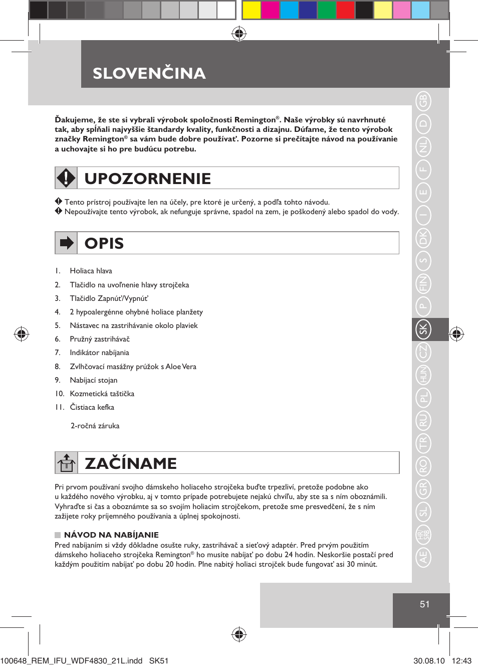 Slovenčina, Upozornenie, Opis | Začíname | Remington WDF4830C User Manual | Page 54 / 111