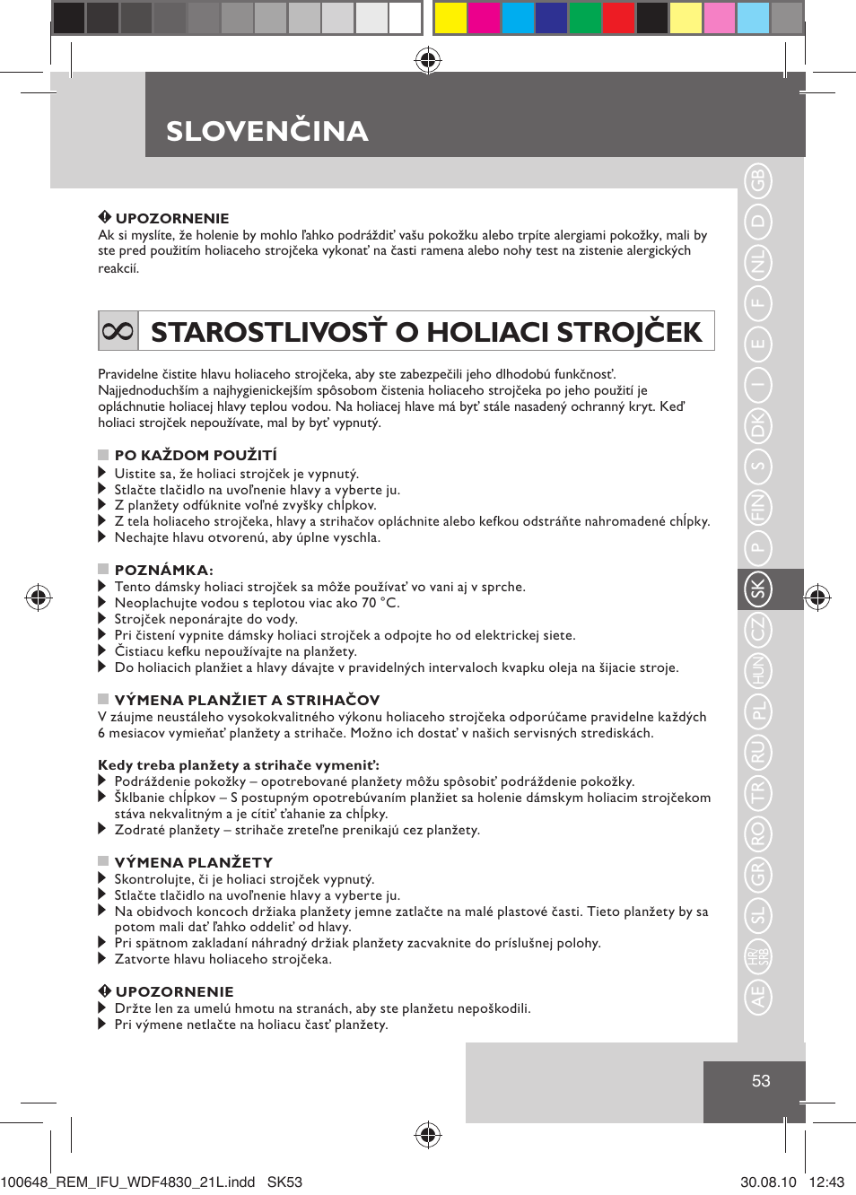 Slovenčina, Starostlivosť o holiaci strojček | Remington WDF4830C User Manual | Page 56 / 111