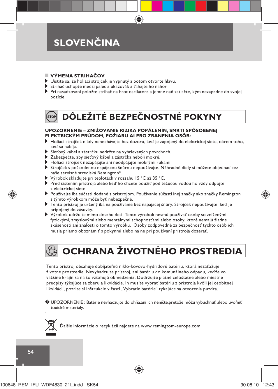 Slovenčina, Ochrana životného prostredia, Dôležité bezpečnostné pokyny | Remington WDF4830C User Manual | Page 57 / 111