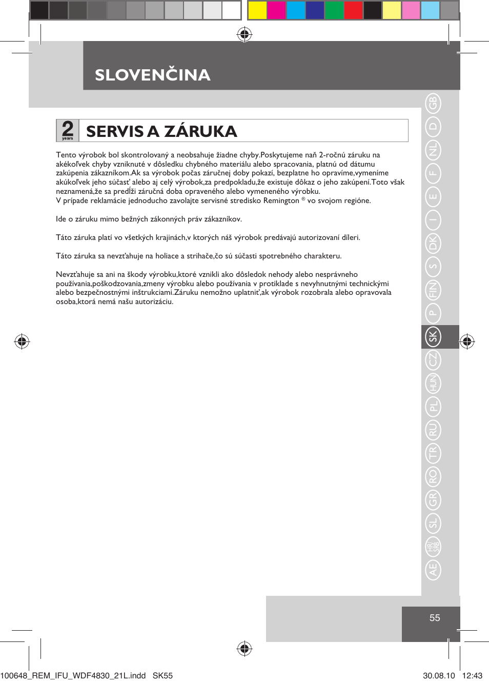 Slovenčina, Servis a záruka | Remington WDF4830C User Manual | Page 58 / 111