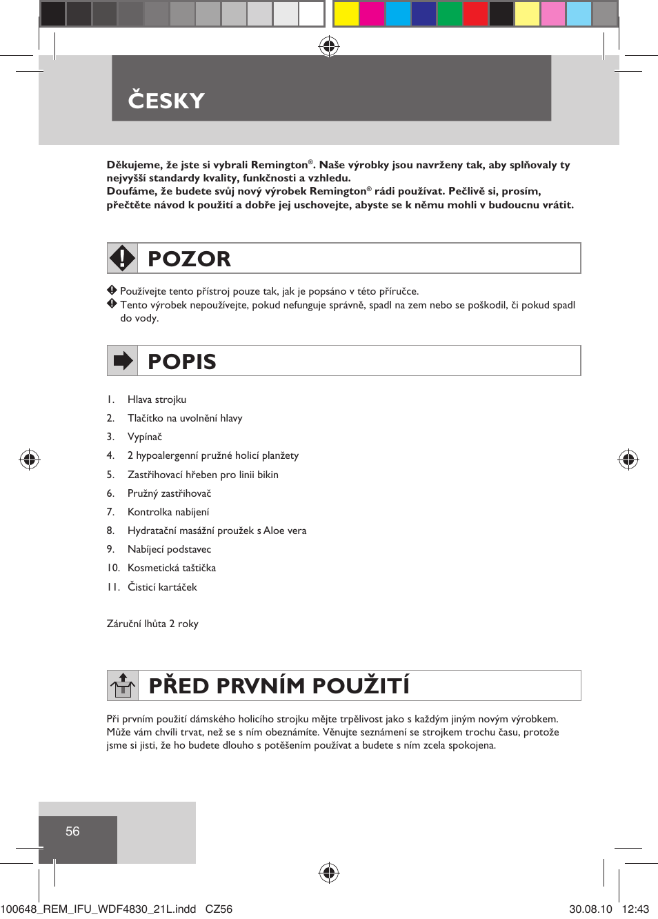Česky, Pozor, Popis | Před prvním použití | Remington WDF4830C User Manual | Page 59 / 111