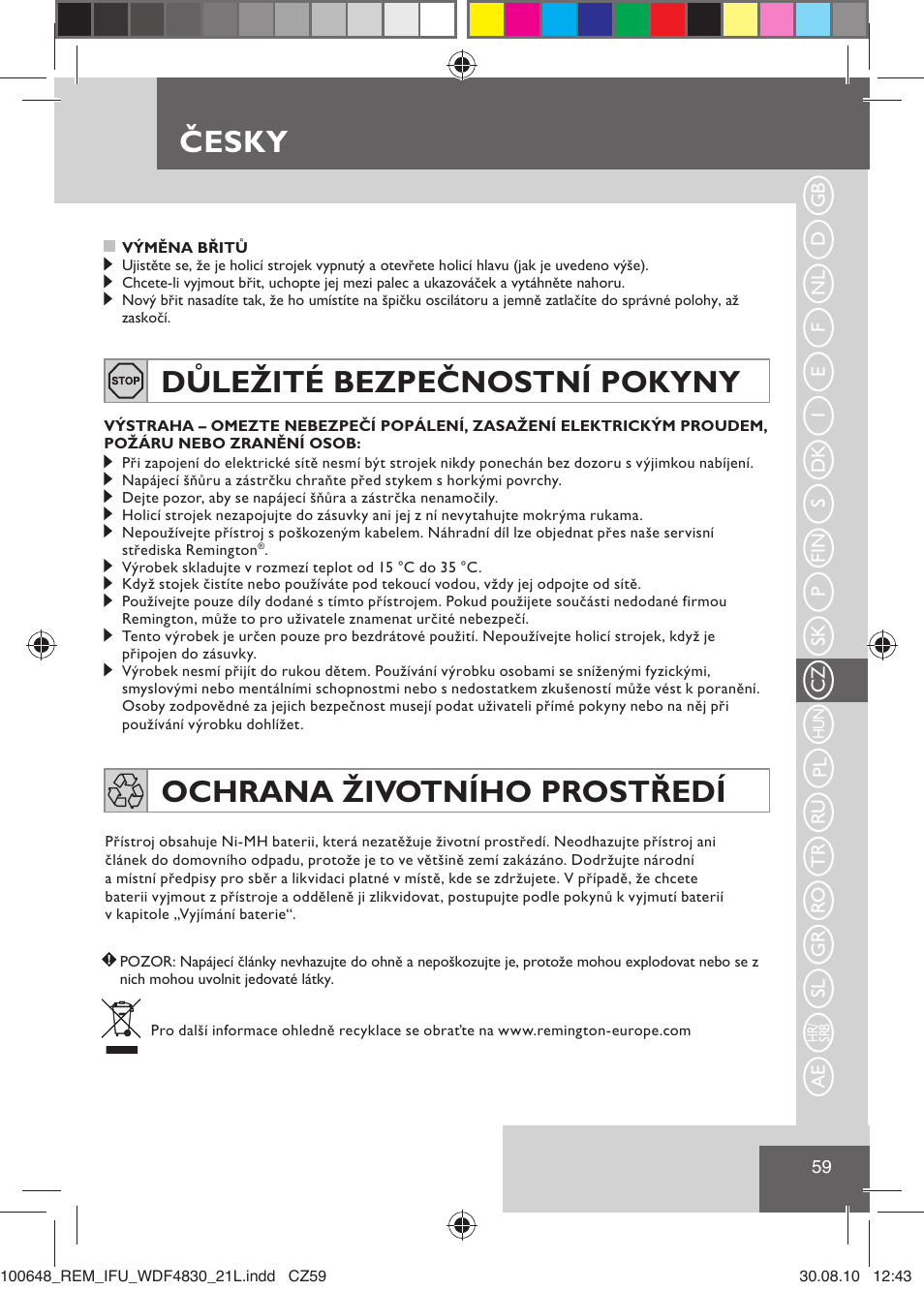 Česky, Důležité bezpečnostní pokyny, Ochrana životního prostředí | Remington WDF4830C User Manual | Page 62 / 111
