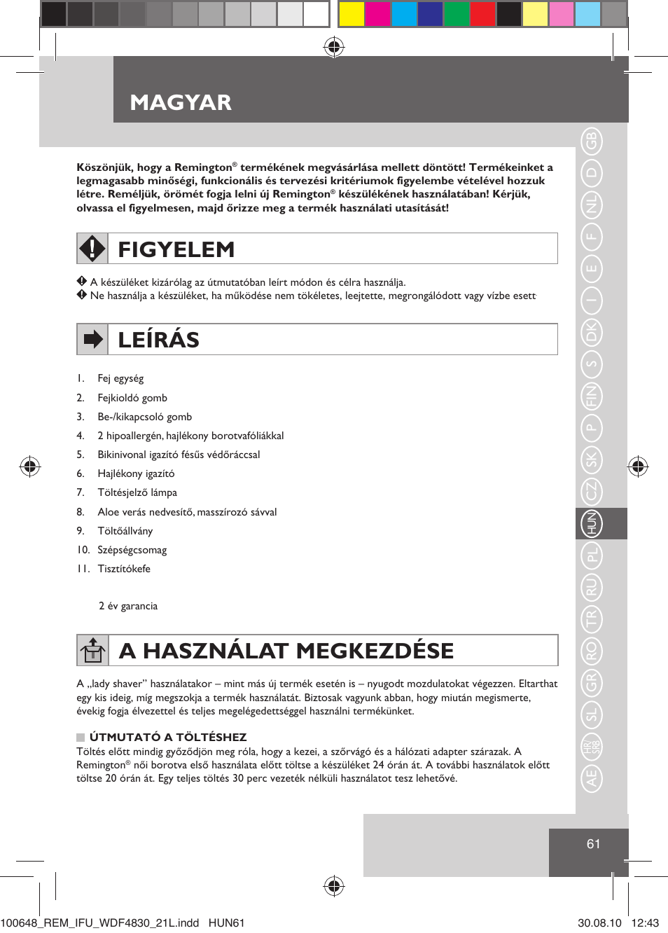 Magyar, Figyelem, Leírás | A használat megkezdése | Remington WDF4830C User Manual | Page 64 / 111