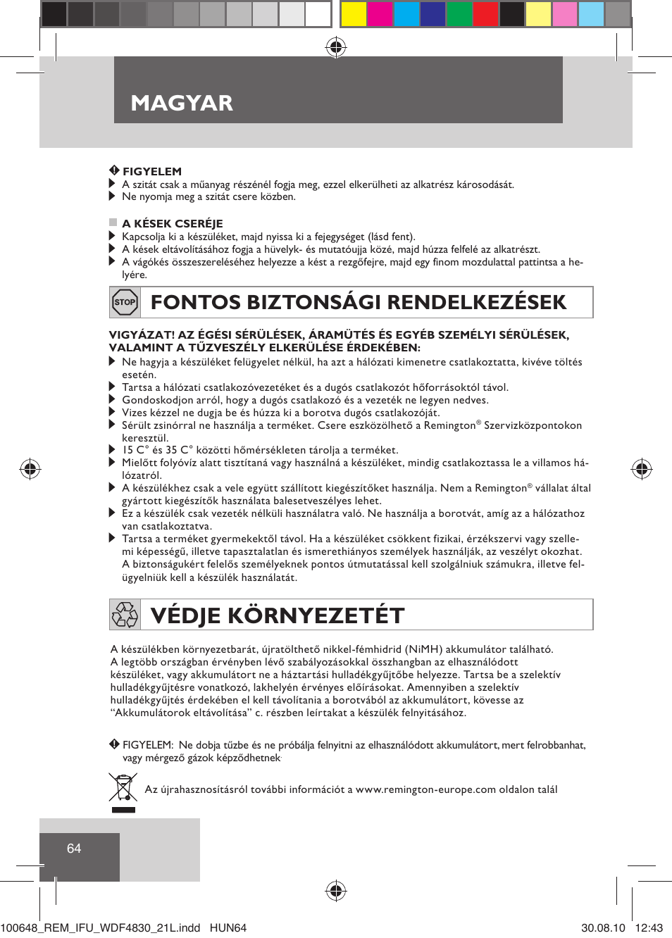 Magyar, Védje környezetét, Fontos biztonsági rendelkezések | Remington WDF4830C User Manual | Page 67 / 111