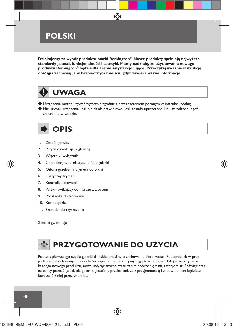 Polski, Uwaga, Opis | Przygotowanie do użycia | Remington WDF4830C User Manual | Page 69 / 111
