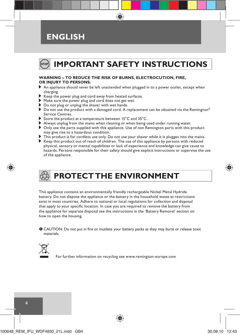 English, Important safety instructions, Protect the environment | Remington WDF4830C User Manual | Page 7 / 111