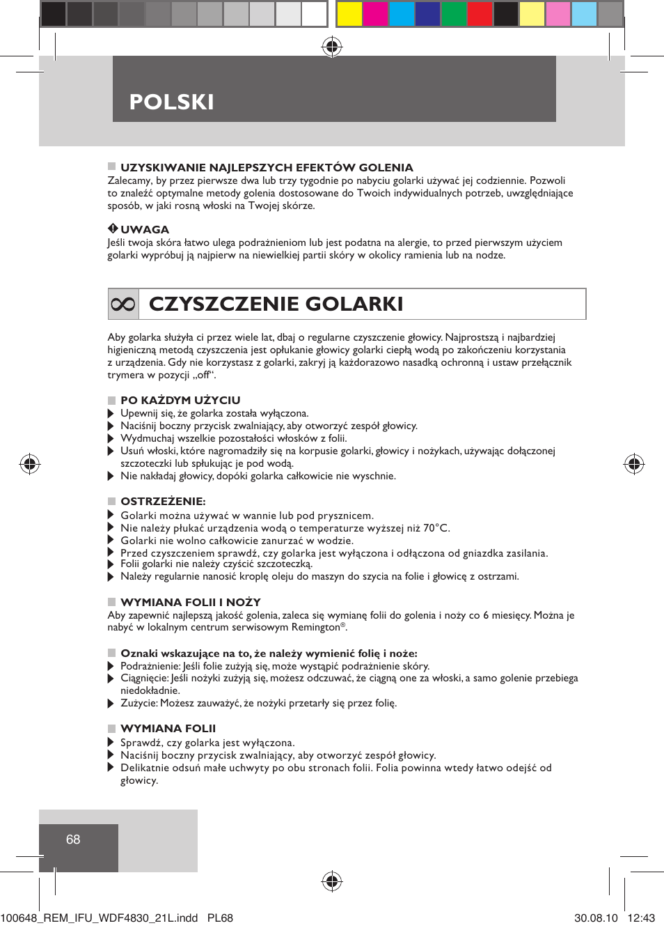 Polski, Czyszczenie golarki | Remington WDF4830C User Manual | Page 71 / 111