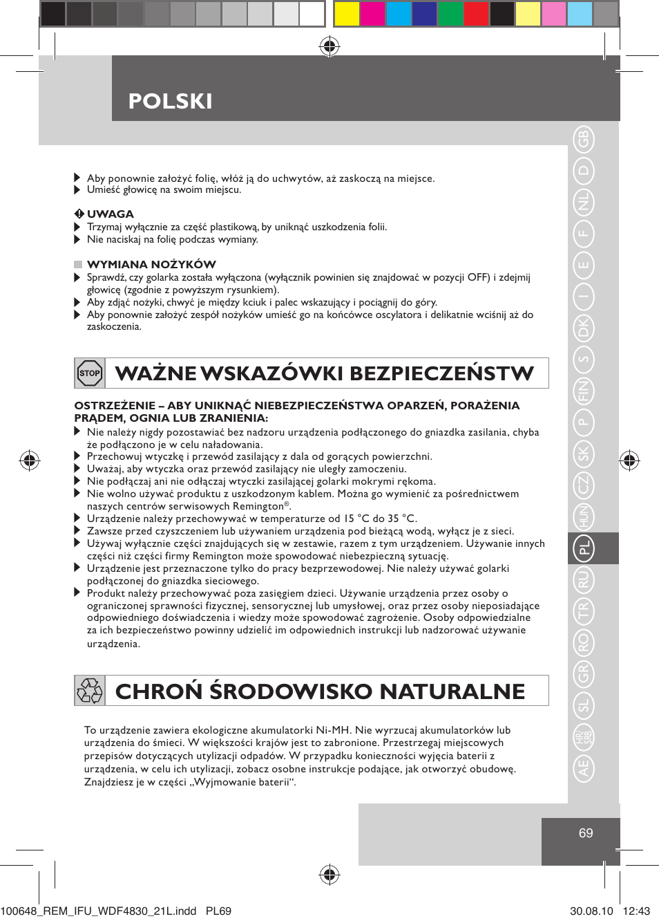 Polski, Chroń środowisko naturalne, Ważne wskazówki bezpieczeństw | Remington WDF4830C User Manual | Page 72 / 111