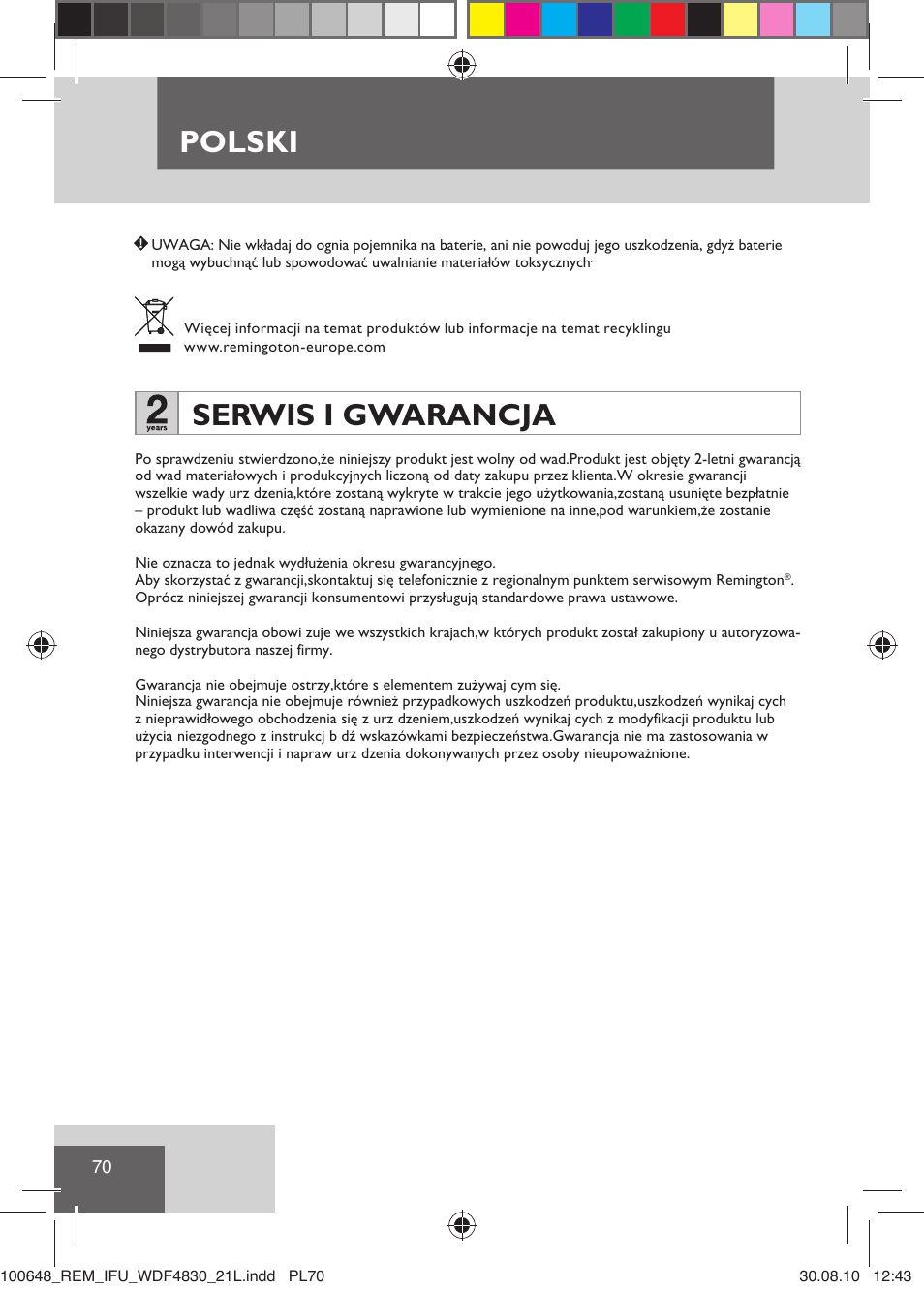 Polski, Serwis i gwarancja | Remington WDF4830C User Manual | Page 73 / 111