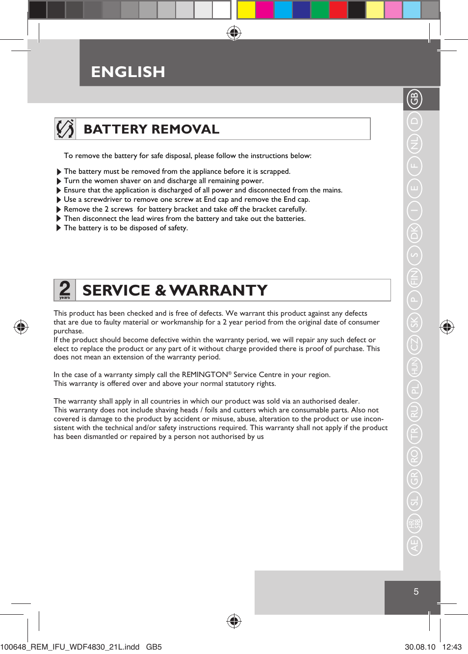 English, Service & warranty, Battery removal | Remington WDF4830C User Manual | Page 8 / 111