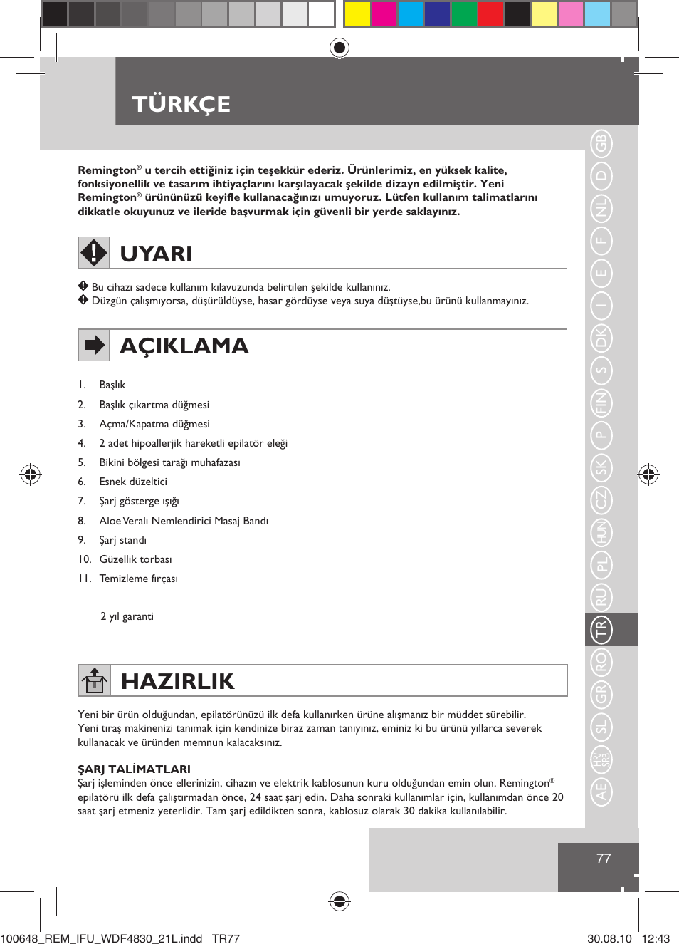 Türkçe, Uyari, Açiklama | Hazirlik | Remington WDF4830C User Manual | Page 80 / 111