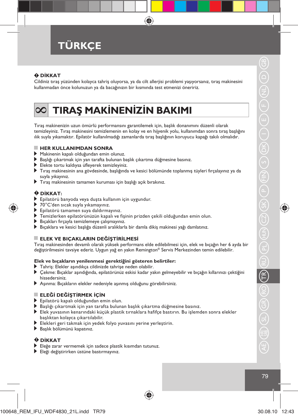 Türkçe, Tiraş makinenizin bakimi | Remington WDF4830C User Manual | Page 82 / 111