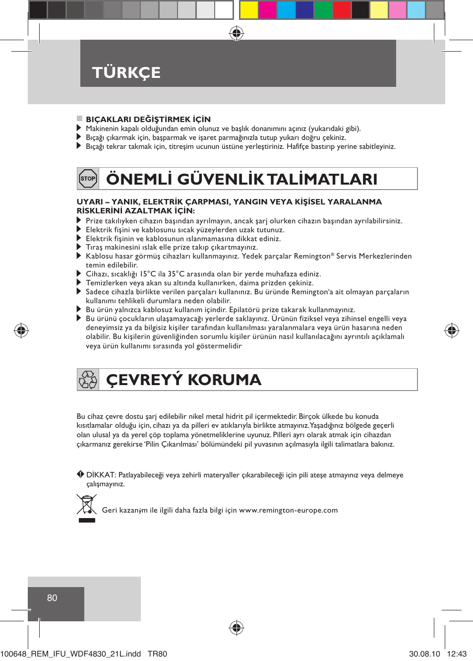 Türkçe, Önemli güvenlik talimatlari, Çevreyý koruma | Remington WDF4830C User Manual | Page 83 / 111