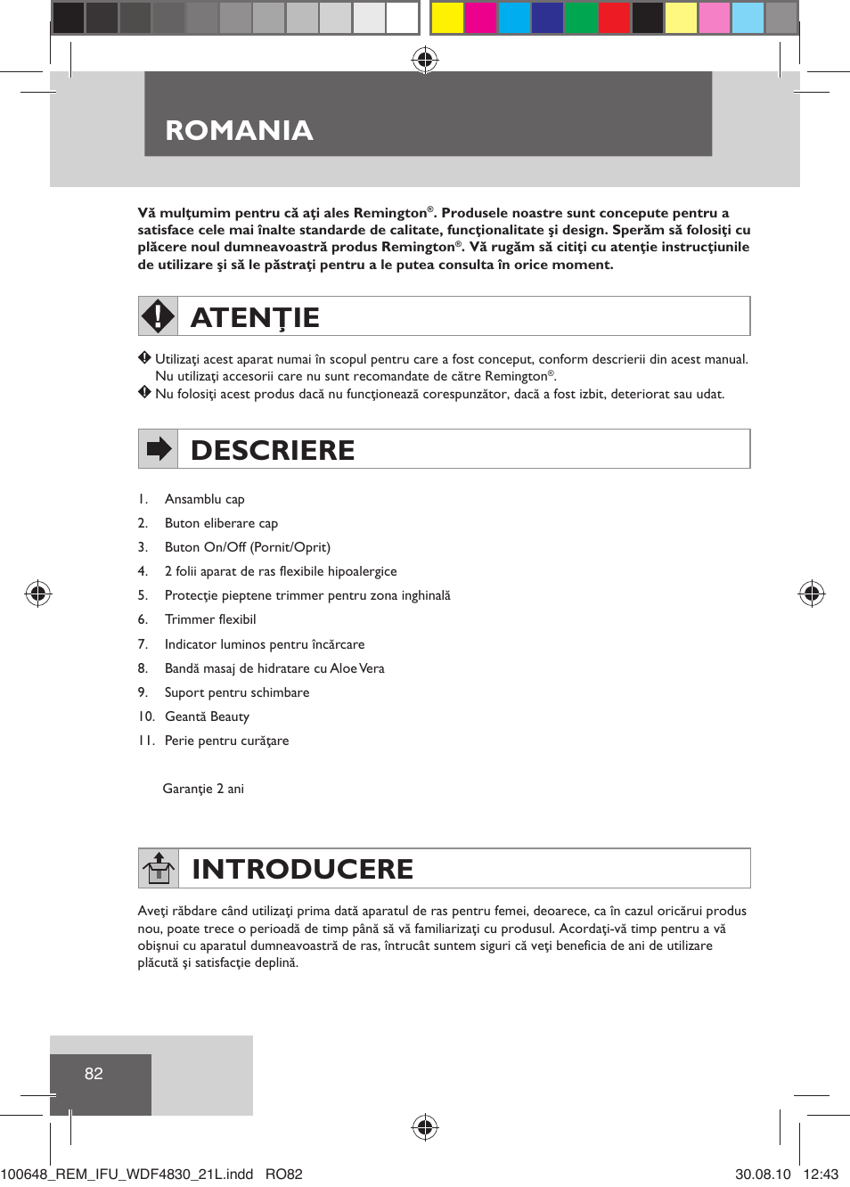 Romania, Atenţie, Descriere | Introducere | Remington WDF4830C User Manual | Page 85 / 111