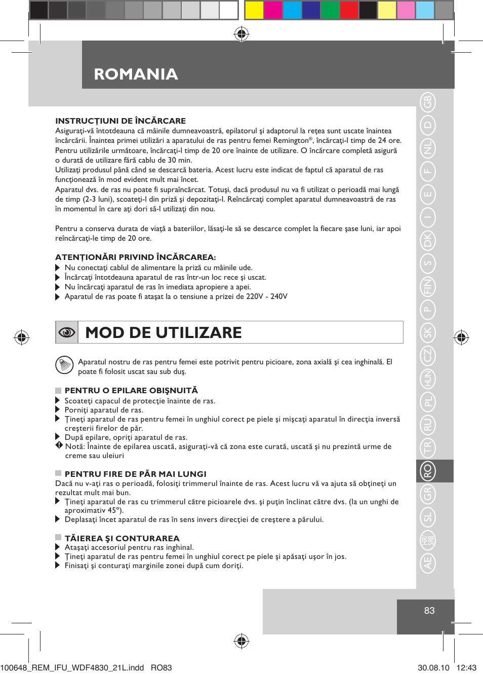Romania, Mod de utilizare | Remington WDF4830C User Manual | Page 86 / 111
