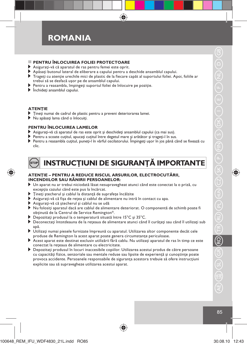 Romania, Instrucţiuni de siguranţă importante | Remington WDF4830C User Manual | Page 88 / 111