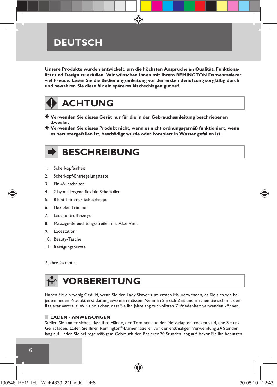 Deutsch, Achtung, Beschreibung | Vorbereitung | Remington WDF4830C User Manual | Page 9 / 111