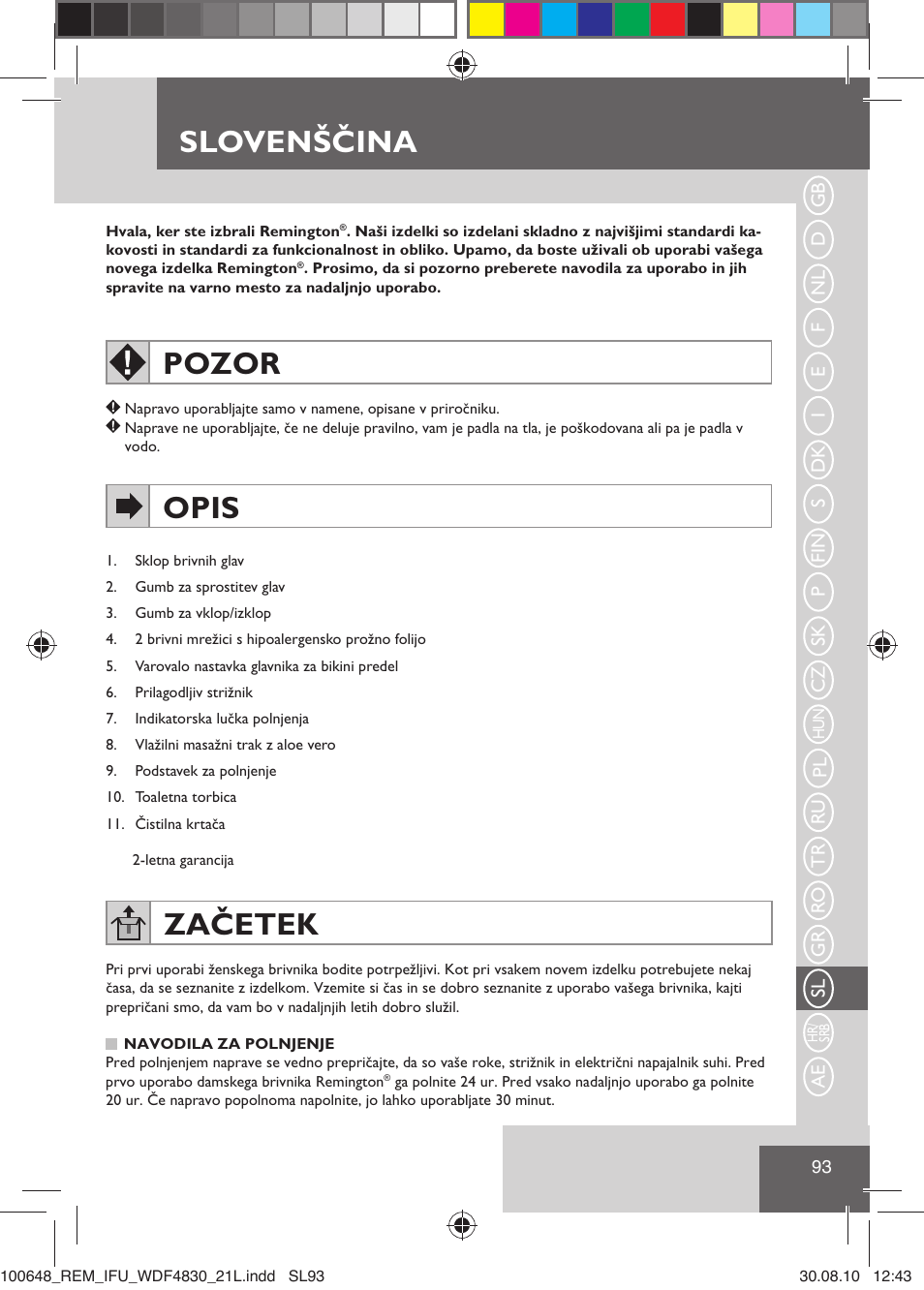 Slovenščina, Pozor, Opis | Začetek | Remington WDF4830C User Manual | Page 96 / 111