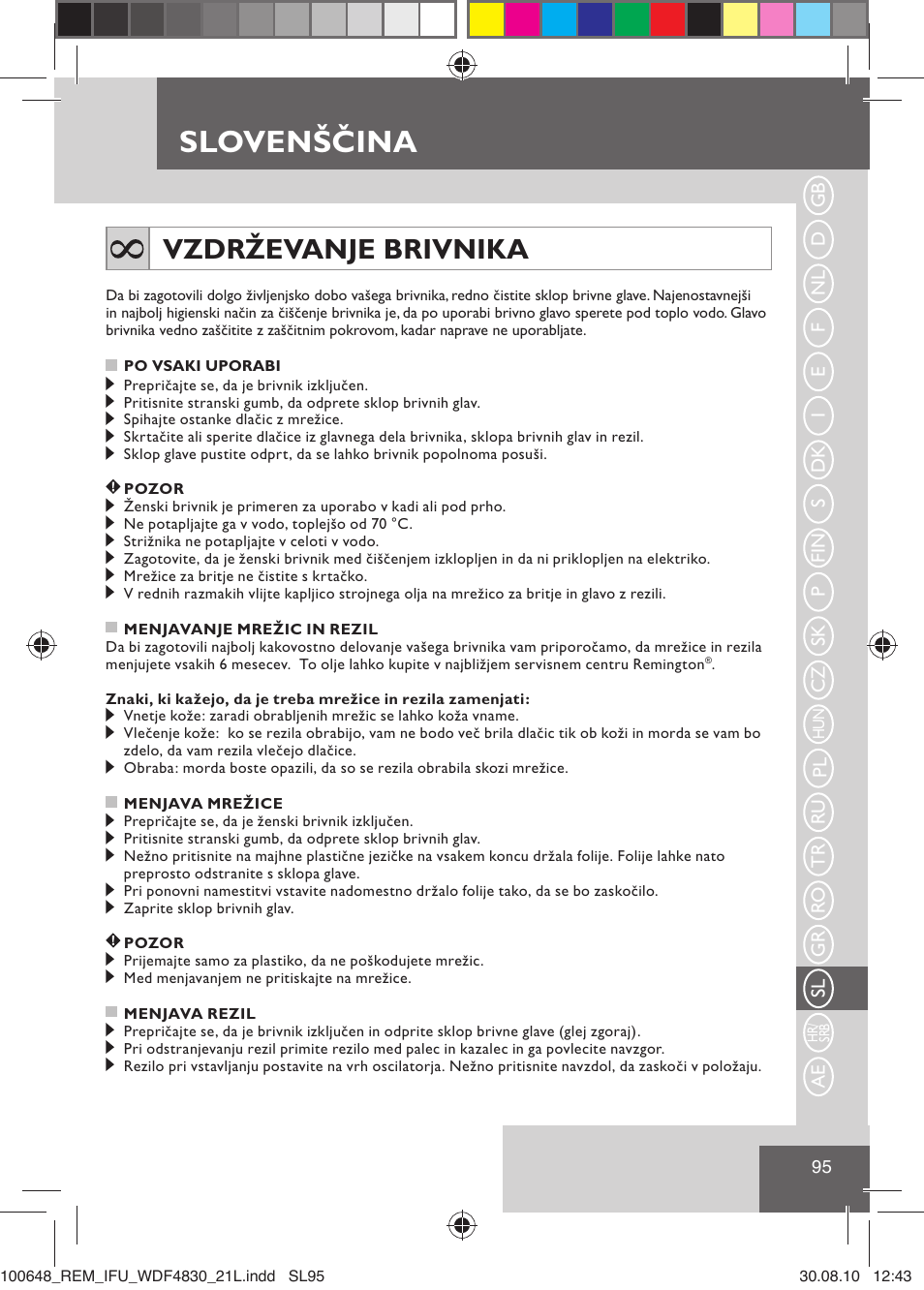 Slovenščina, Vzdrževanje brivnika | Remington WDF4830C User Manual | Page 98 / 111