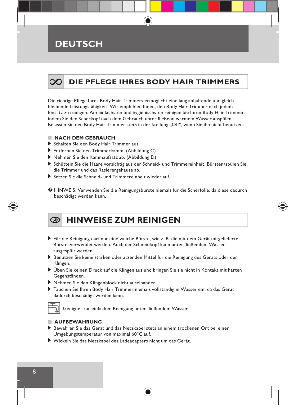 Deutsch, Hinweise zum reinigen, Die pflege ihres body hair trimmers | Remington BHT300 User Manual | Page 10 / 108