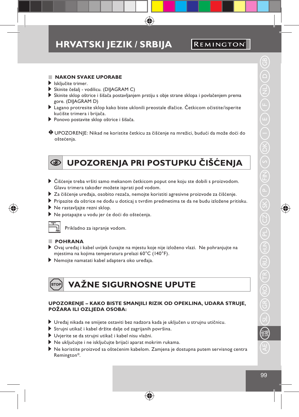 Hrvatski jezik / srbija, Upozorenja pri postupku čišćenja, Važne sigurnosne upute | Remington BHT300 User Manual | Page 101 / 108