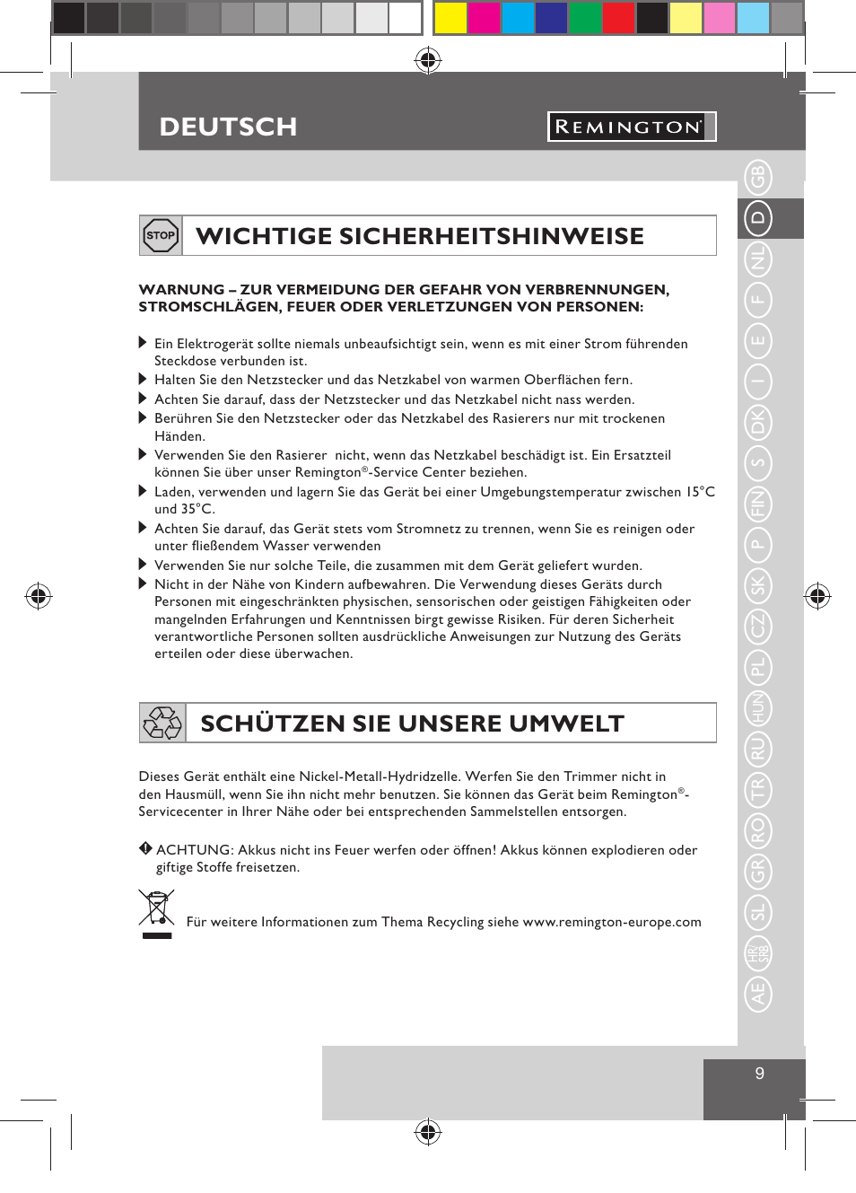 Deutsch, Wichtige sicherheitshinweise, Schützen sie unsere umwelt | Remington BHT300 User Manual | Page 11 / 108