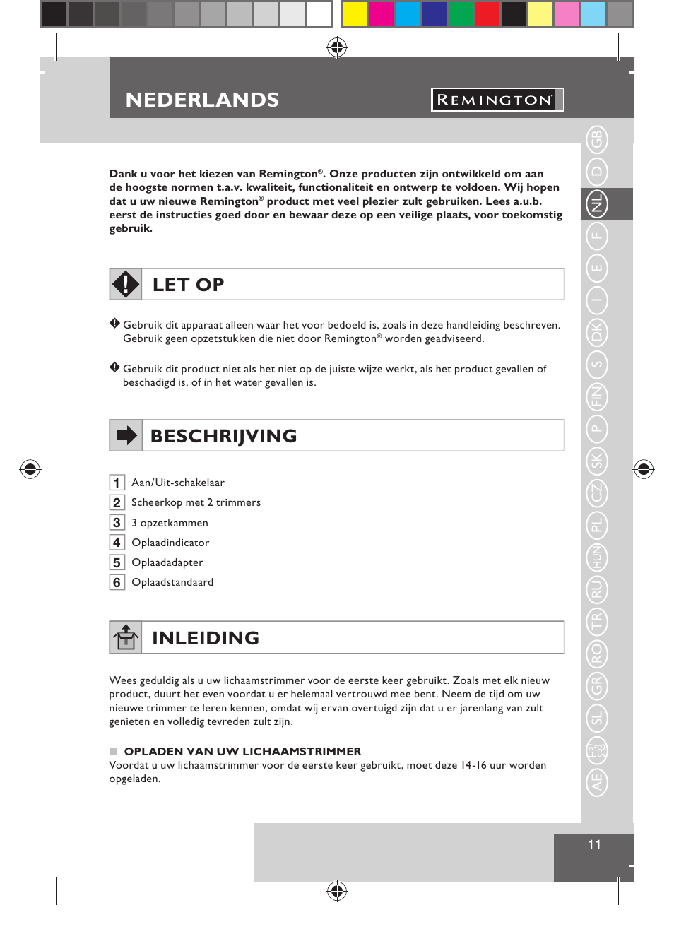 Nederlands, Let op, Beschrijving | Inleiding | Remington BHT300 User Manual | Page 13 / 108