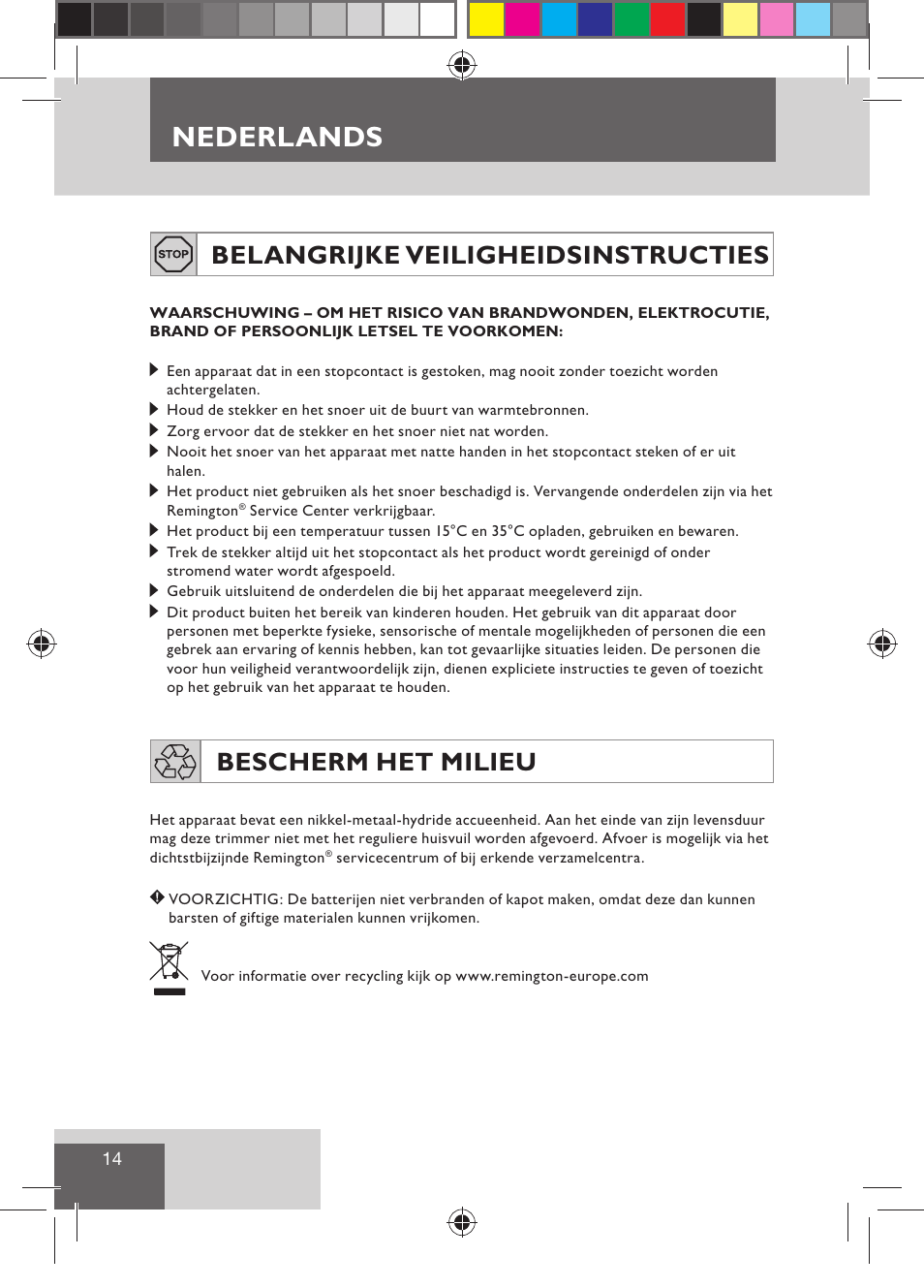 Nederlands, Belangrijke veiligheidsinstructies, Bescherm het milieu | Remington BHT300 User Manual | Page 16 / 108