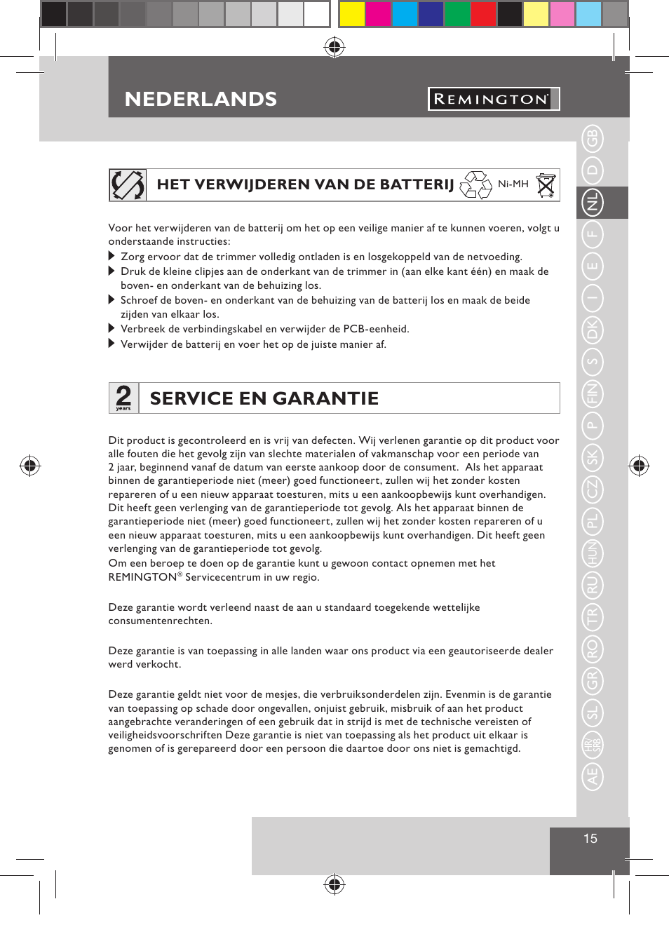 Nederlands, Service en garantie | Remington BHT300 User Manual | Page 17 / 108