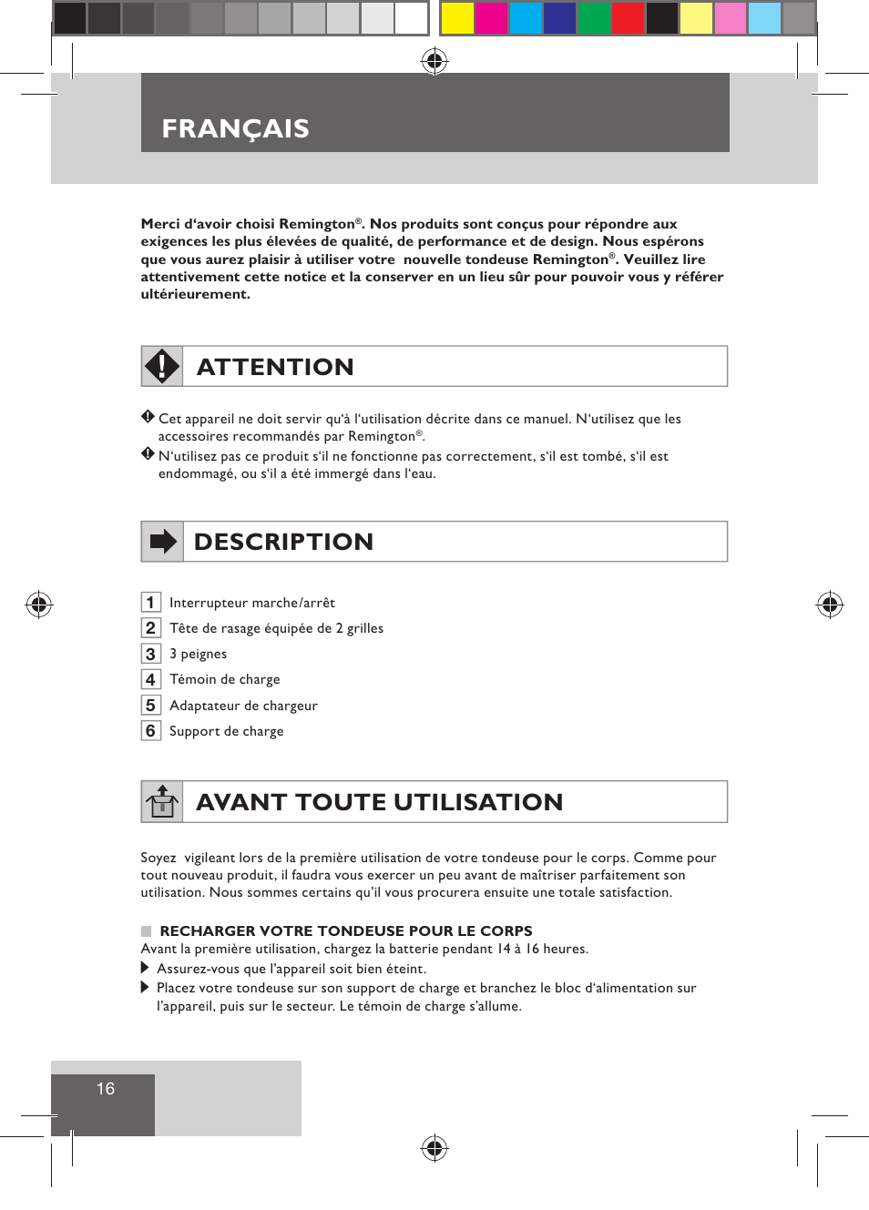 Français, Attention, Description | Avant toute utilisation | Remington BHT300 User Manual | Page 18 / 108