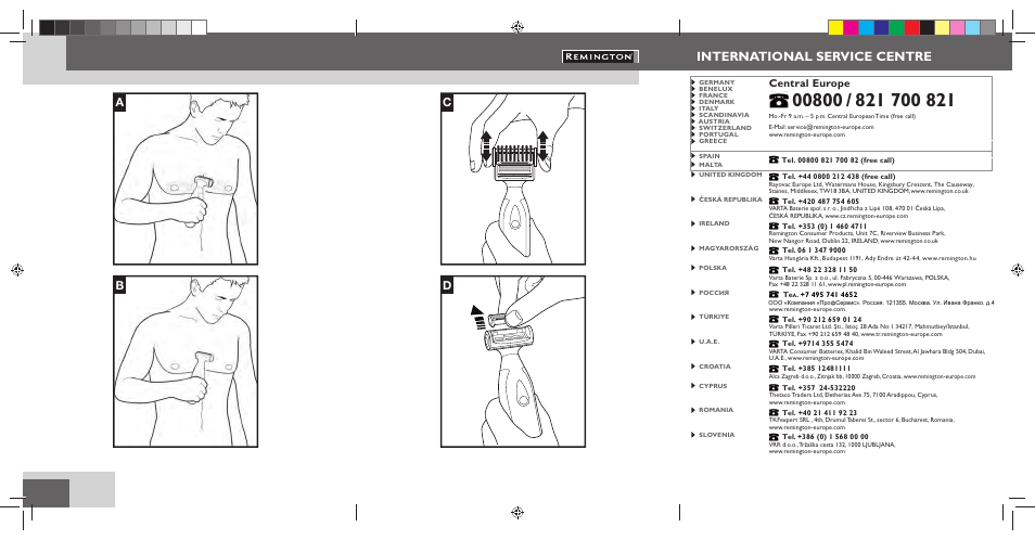 International service centre, Ab c d, Central europe | Remington BHT300 User Manual | Page 2 / 108