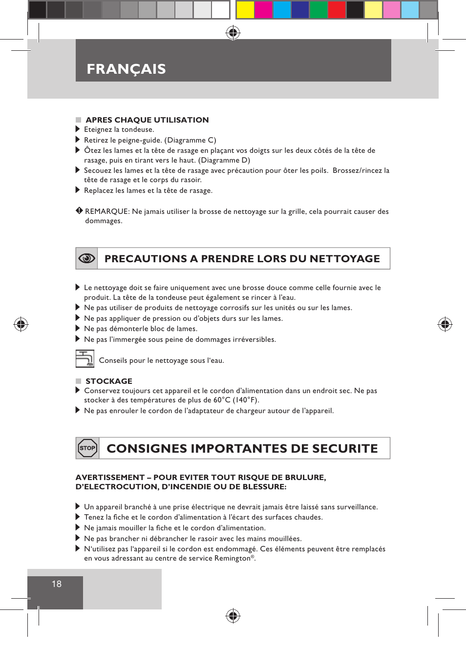 Français, Consignes importantes de securite, Precautions a prendre lors du nettoyage | Remington BHT300 User Manual | Page 20 / 108