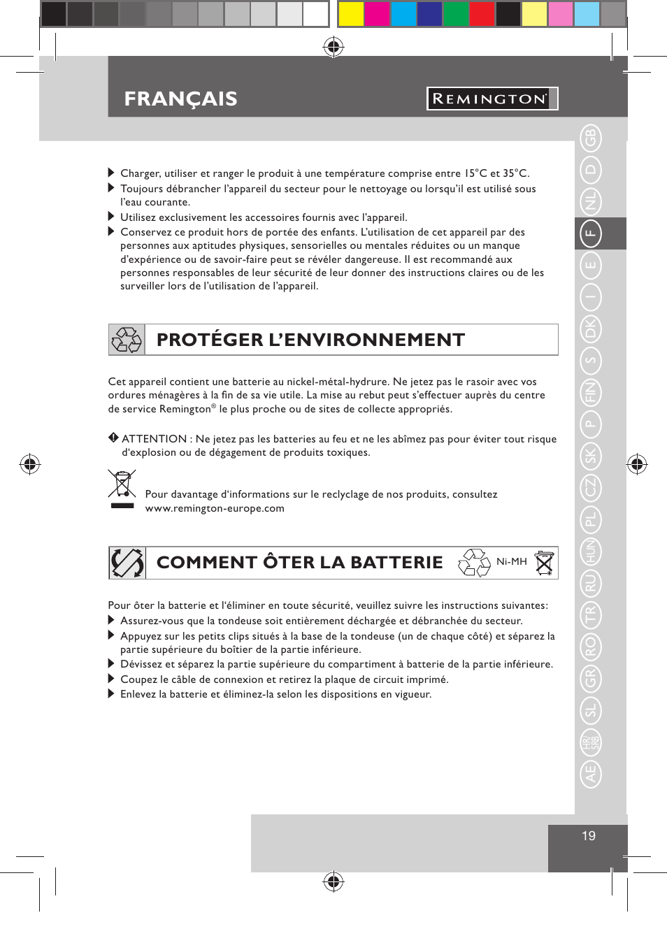 Français, Protéger l’environnement, Comment ôter la batterie | Remington BHT300 User Manual | Page 21 / 108