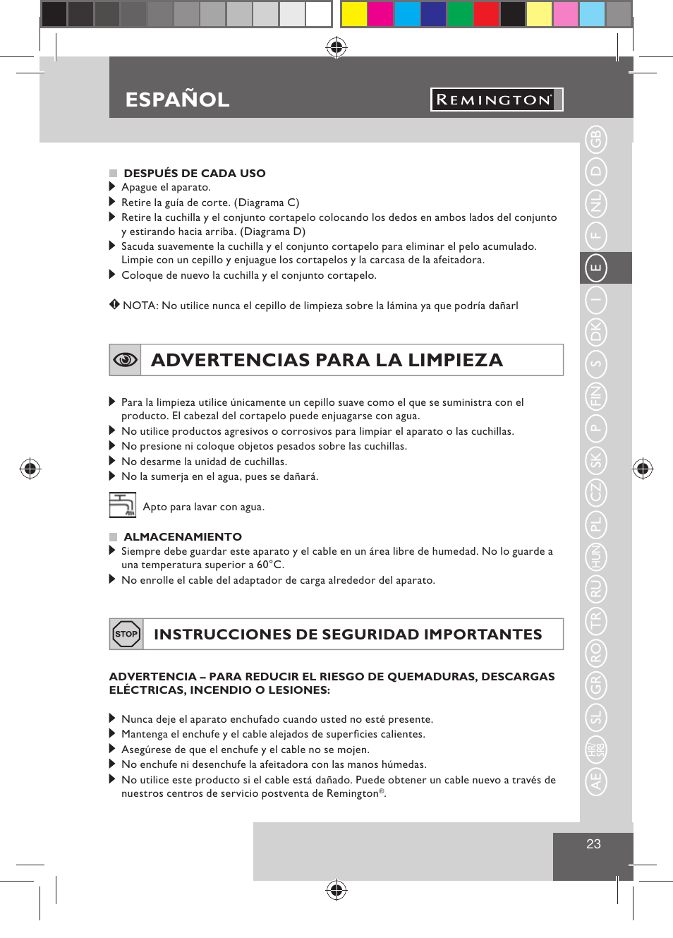 Español, Advertencias para la limpieza | Remington BHT300 User Manual | Page 25 / 108