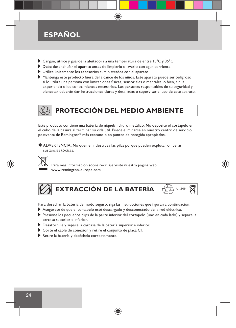 Español, Protección del medio ambiente, Extracción de la batería | Remington BHT300 User Manual | Page 26 / 108