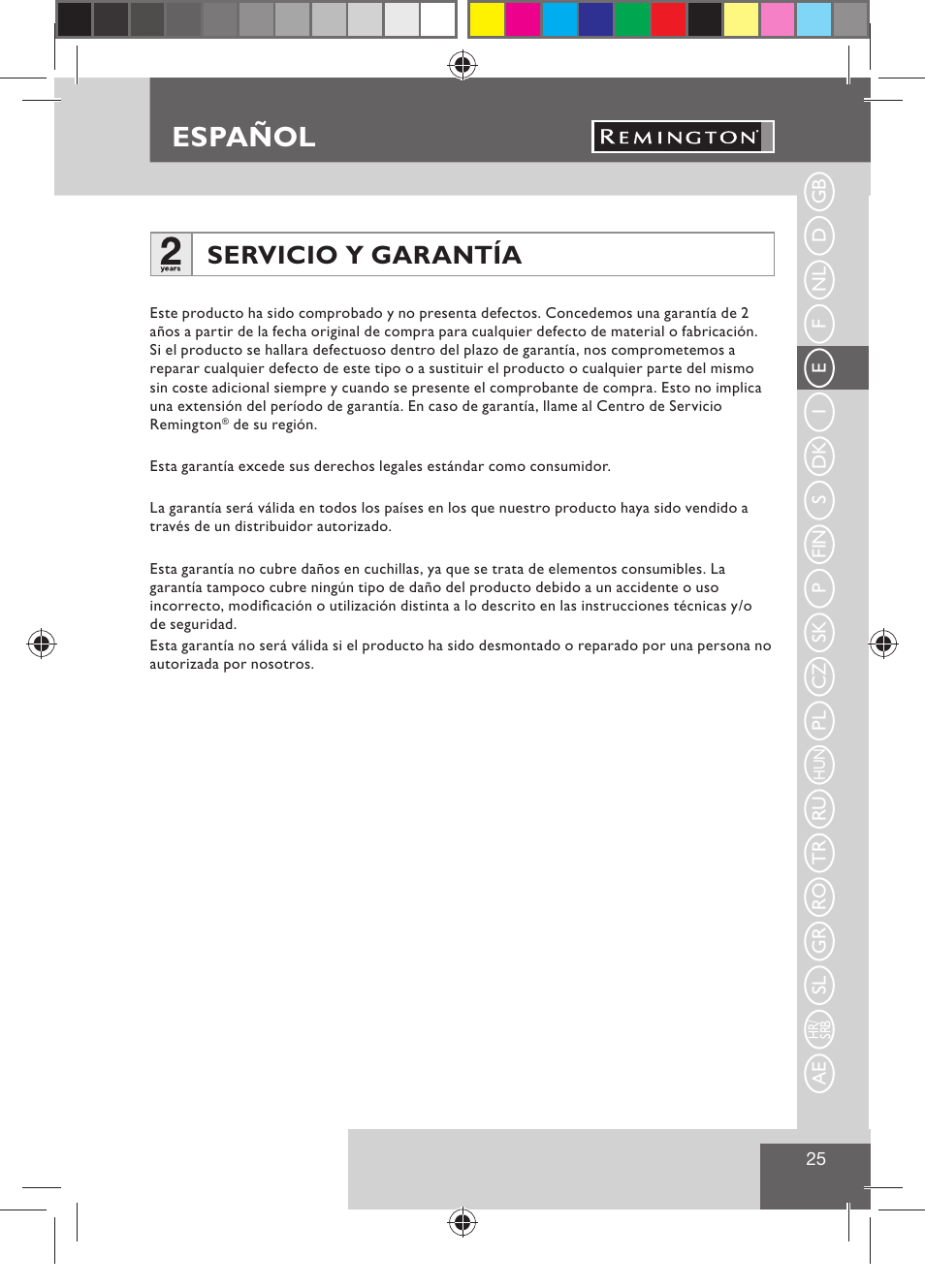 Español, Servicio y garantía | Remington BHT300 User Manual | Page 27 / 108