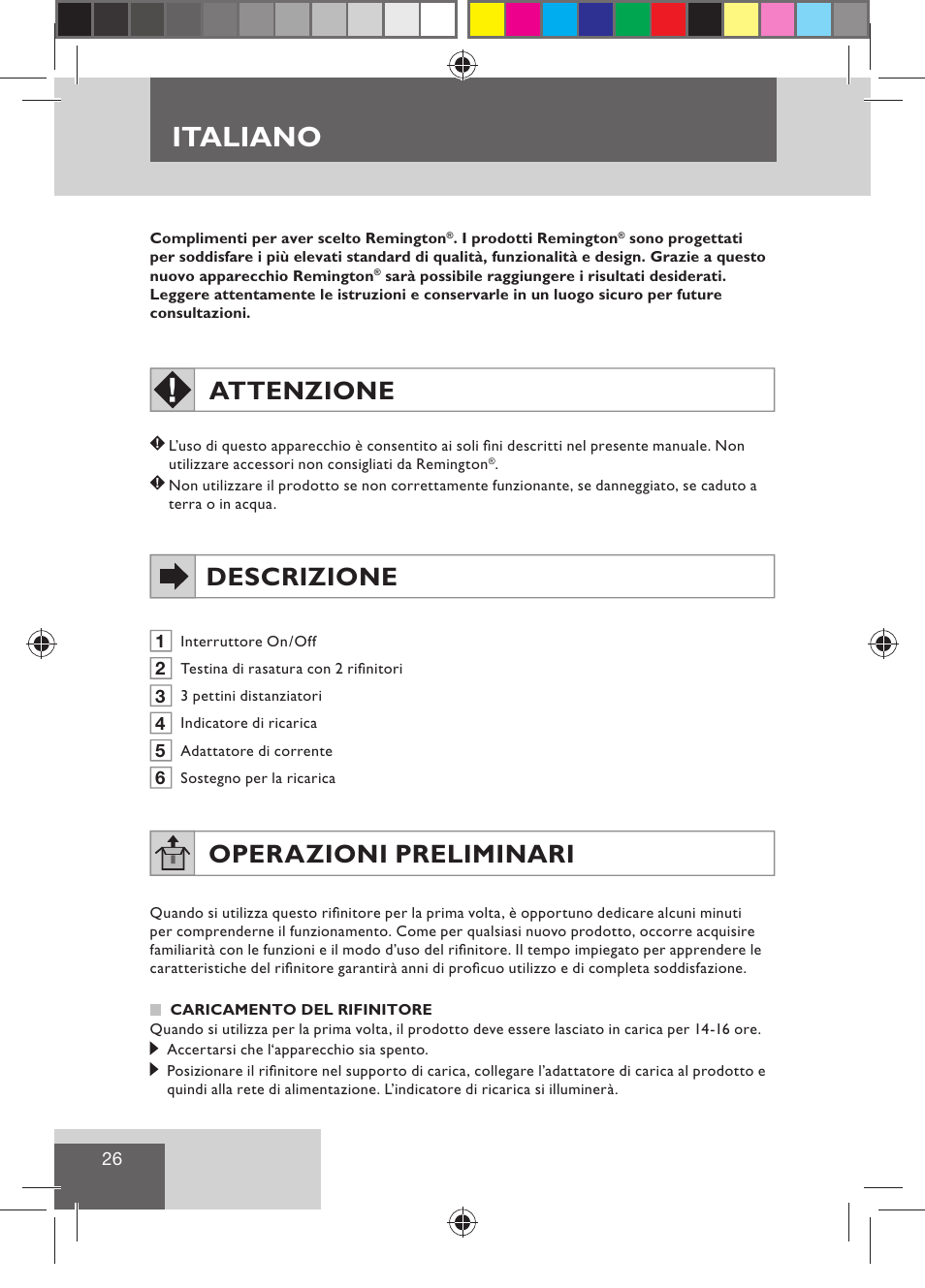 Italiano, Attenzione, Descrizione | Operazioni preliminari | Remington BHT300 User Manual | Page 28 / 108